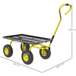Trädgårdstransportvagn, handkärra, 4-hjulig handkärra, 94 x 48,5 x 100 cm, maxlast 150 kg, gul metall