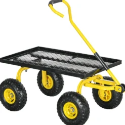 Trädgårdstransportvagn, handkärra, 4-hjulig handkärra, 94 x 48,5 x 100 cm, maxlast 150 kg, gul metall
