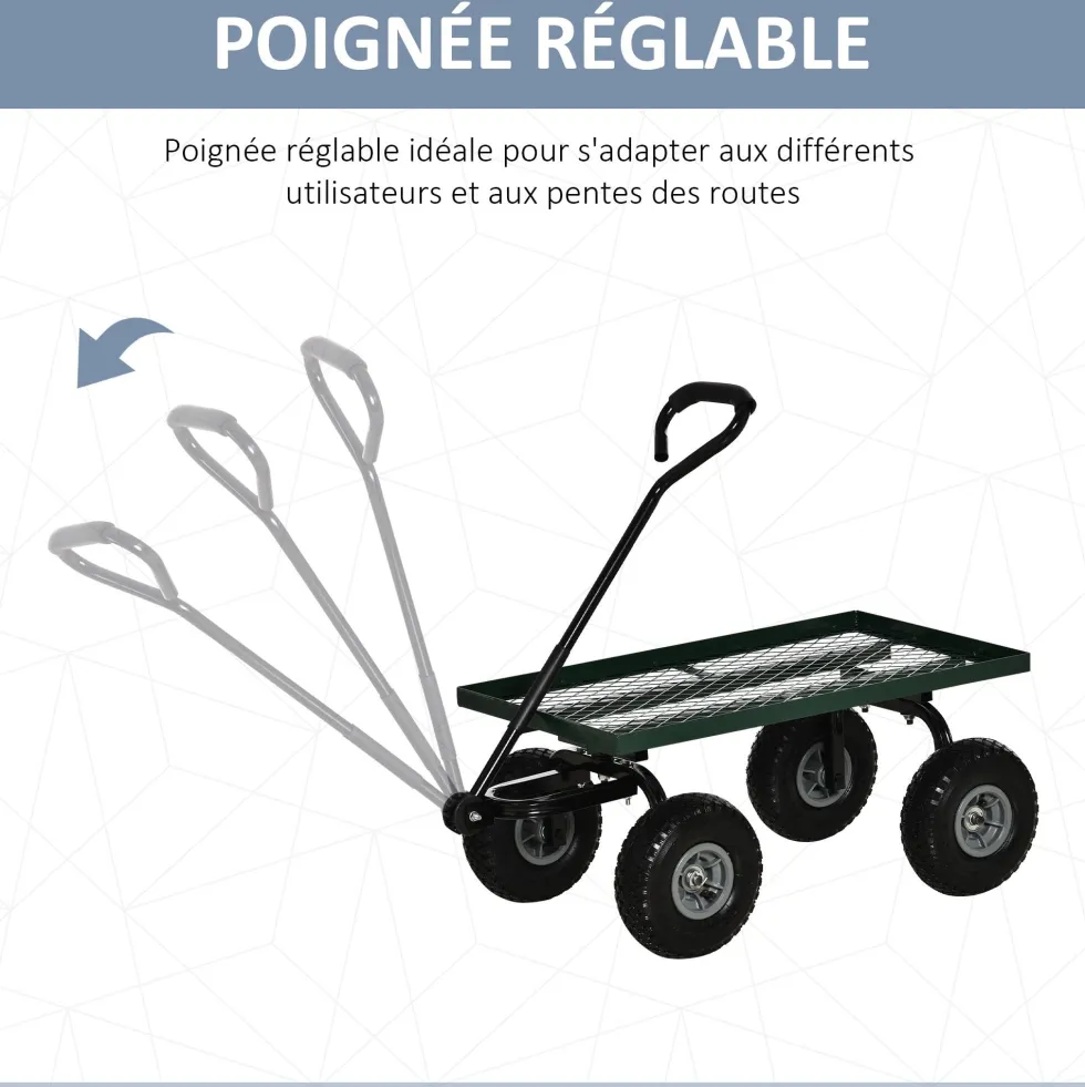 Trädgårdstransportvagn, 4-hjulig säckvagn, 94x48,5x100 cm, metall, grön, 150 kg lastkapacitet
