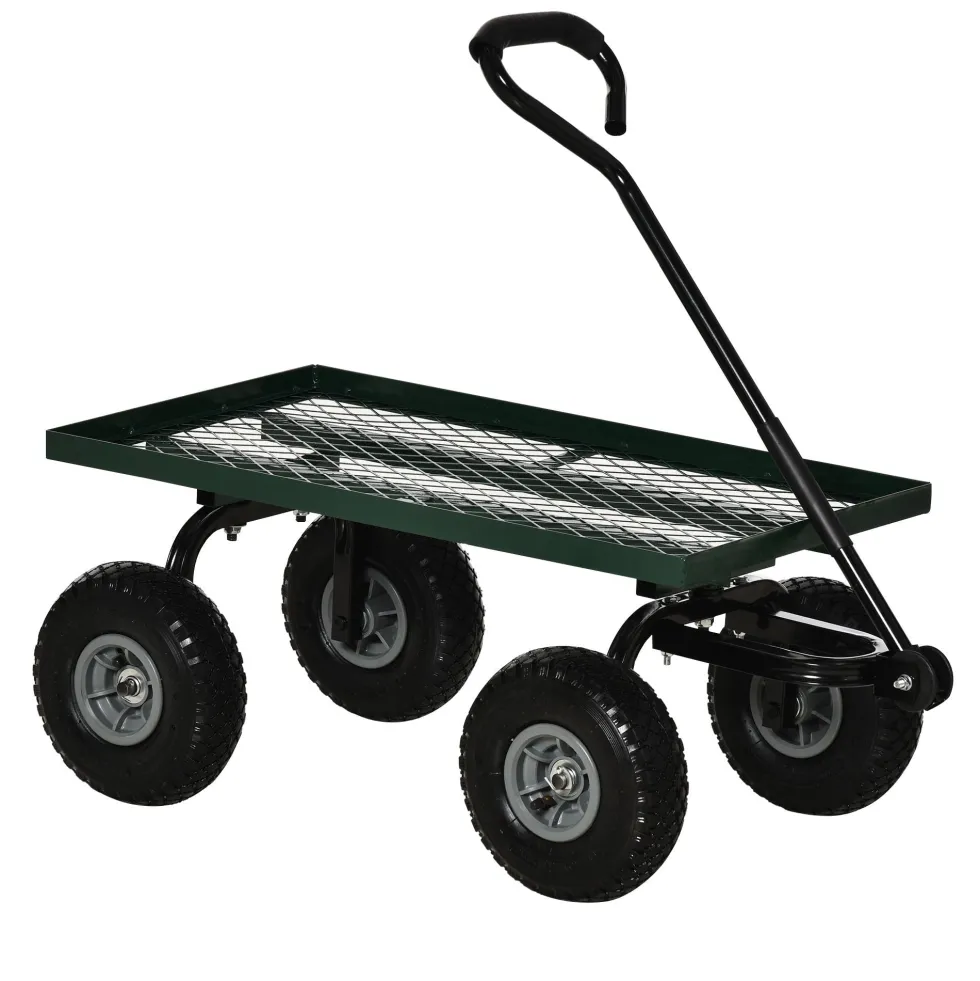 Trädgårdstransportvagn, 4-hjulig säckvagn, 94x48,5x100 cm, metall, grön, 150 kg lastkapacitet