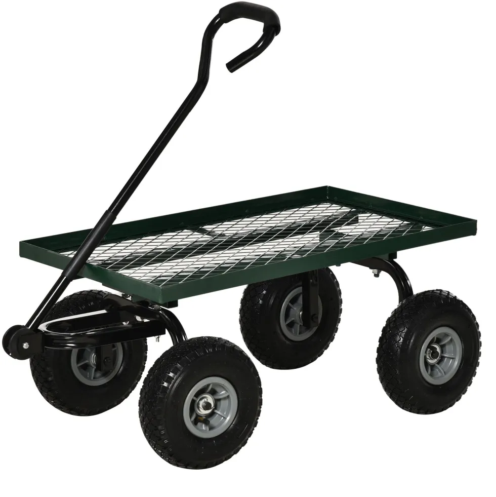 Trädgårdstransportvagn, 4-hjulig säckvagn, 94x48,5x100 cm, metall, grön, 150 kg lastkapacitet