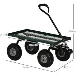 Trädgårdstransportvagn, 4-hjulig säckvagn, 94x48,5x100 cm, metall, grön, 150 kg lastkapacitet