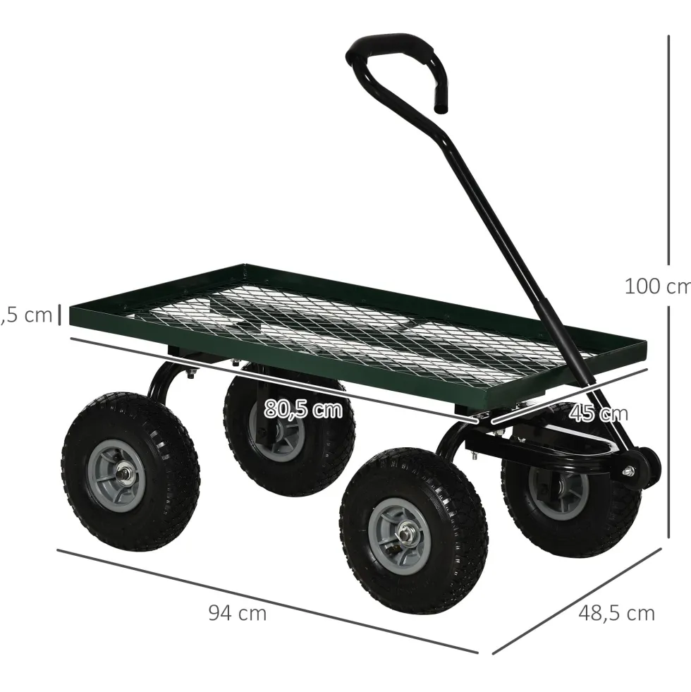 Trädgårdstransportvagn, 4-hjulig säckvagn, 94x48,5x100 cm, metall, grön, 150 kg lastkapacitet
