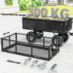 Trädgårdsvagn med stora hjul, avtagbar vattentät väska och roterande handtag, 300 kg lastkapacitet, 105x51x54 cm, svart