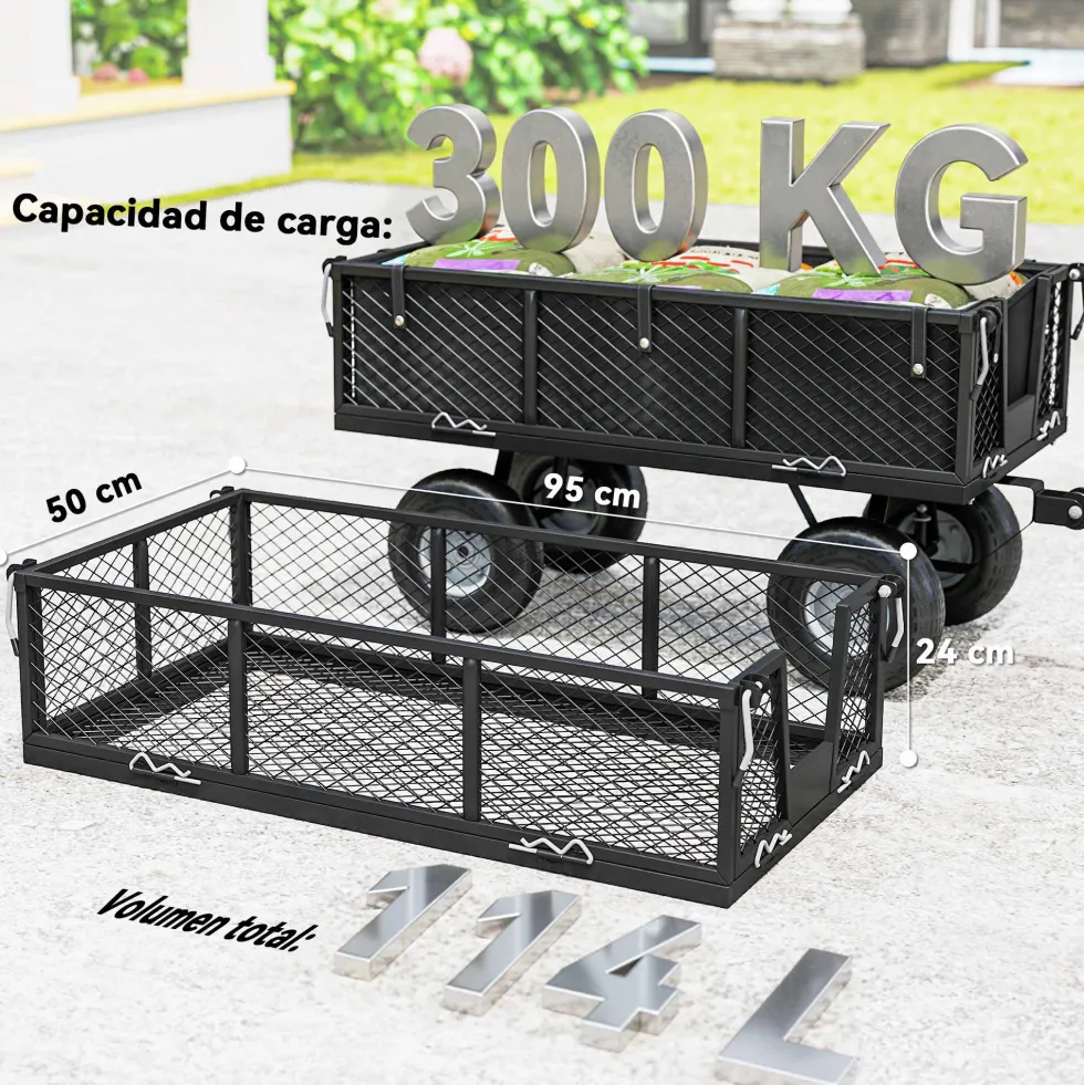Trädgårdsvagn med stora hjul, avtagbar vattentät väska och roterande handtag, 300 kg lastkapacitet, 105x51x54 cm, svart