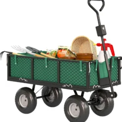 Trädgårdsvagn med stora hjul, justerbart handtag och avtagbar vattentät väska, 300 kg lastkapacitet, 105x51x54 cm, grön