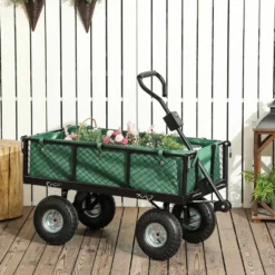 Trädgårdsvagn med stora hjul, justerbart handtag och avtagbar vattentät väska, 300 kg lastkapacitet, 105x51x54 cm, grön