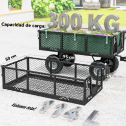 Trädgårdsvagn med stora hjul, justerbart handtag och avtagbar vattentät väska, 300 kg lastkapacitet, 105x51x54 cm, grön
