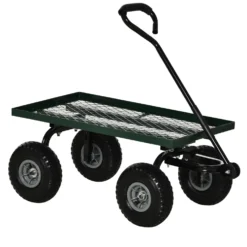 Trädgårdsvagn med vadderat handtag och 4 stora hjul, stålram, 150 kg lastkapacitet, 94x48,5x100 cm, grön och svart