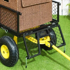 Trädgårdsvagn, transportvagn med 4 hjul, avtagbara sidor, kan omvandlas till ett bricka, 104 x 54 x 51 cm, svart och gul