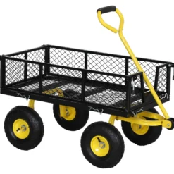 Trädgårdsvagn, transportvagn med 4 hjul, avtagbara sidor, kan omvandlas till ett bricka, 104 x 54 x 51 cm, svart och gul