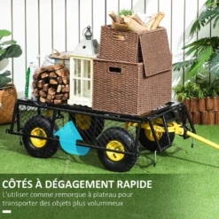 Trädgårdsvagn, transportvagn med 4 hjul, avtagbara sidor, kan omvandlas till ett bricka, 104 x 54 x 51 cm, svart och gul