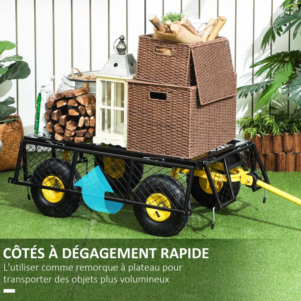 Trädgårdsvagn, transportvagn med 4 hjul, avtagbara sidor, kan omvandlas till ett bricka, 104 x 54 x 51 cm, svart och gul