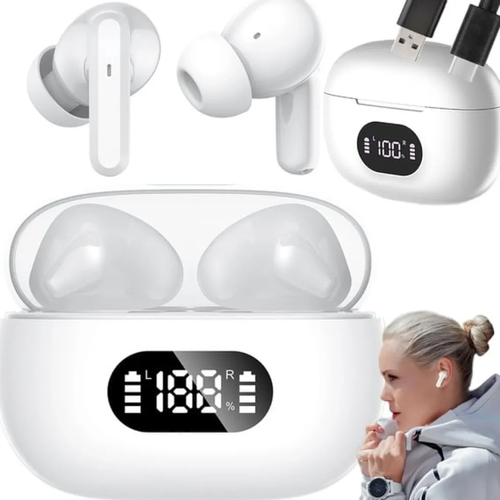 Trådlösa Bluetooth In-Ear Hörlurar med LED-Laddningsetui och Mikrofon Vit