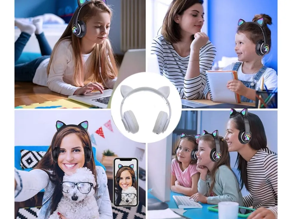 Trådlösa hörlurar med kattöron, Bluetooth och LED-belysning