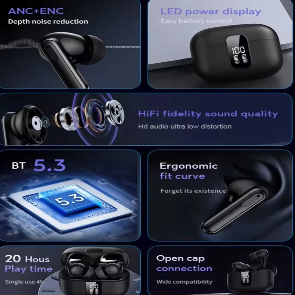 Trådlösa TWS Bluetooth Hörlurar 20 Timmar ANC ENC BT 5.3 Svart