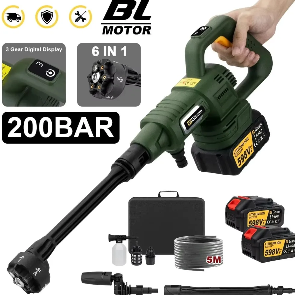 Trådlös Högtryckstvätt 200 Bar – Kompatibel med Makita 18V Batteri – Portabel Batteridriven Tvätt med 2 Batterier, 6-i-1 Munstycke och 5 m Slang