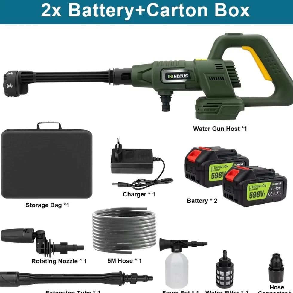 Trådlös Högtryckstvätt 200 Bar – Kompatibel med Makita 18V Batteri – Portabel Batteridriven Tvätt med 2 Batterier, 6-i-1 Munstycke och 5 m Slang