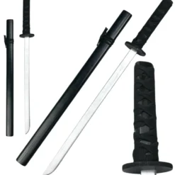Träkatana 70 cm svart med tygsnöre på handtag för lek och träning