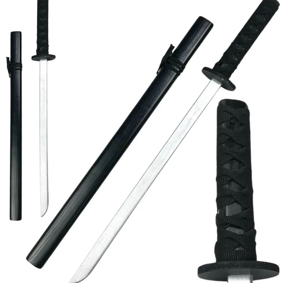 Träkatana 70 cm svart med tygsnöre på handtag för lek och träning
