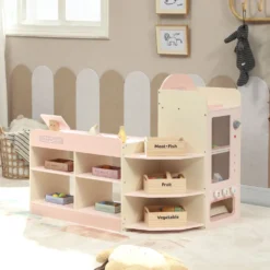 Träleksaksbutik med kassaregister, varuautomat, 3 öppna hyllor, 4 fack, rosa