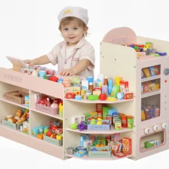 Träleksaksbutik med kassaregister, varuautomat, 3 öppna hyllor, 4 fack, rosa