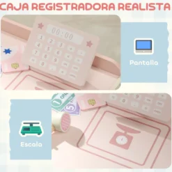 Träleksaksbutik med kassaregister, varuautomat, 3 öppna hyllor, 4 fack, rosa