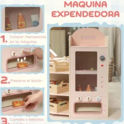 Träleksaksbutik med kassaregister, varuautomat, 3 öppna hyllor, 4 fack, rosa