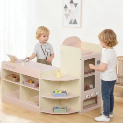 Träleksaksbutik med kassaregister, varuautomat, 3 öppna hyllor, 4 fack, rosa