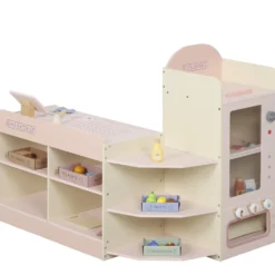 Träleksaksbutik med kassaregister, varuautomat, 3 öppna hyllor, 4 fack, rosa