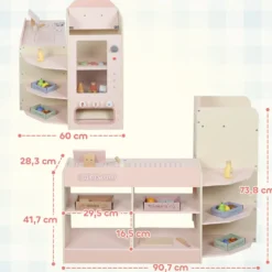 Träleksaksbutik med kassaregister, varuautomat, 3 öppna hyllor, 4 fack, rosa