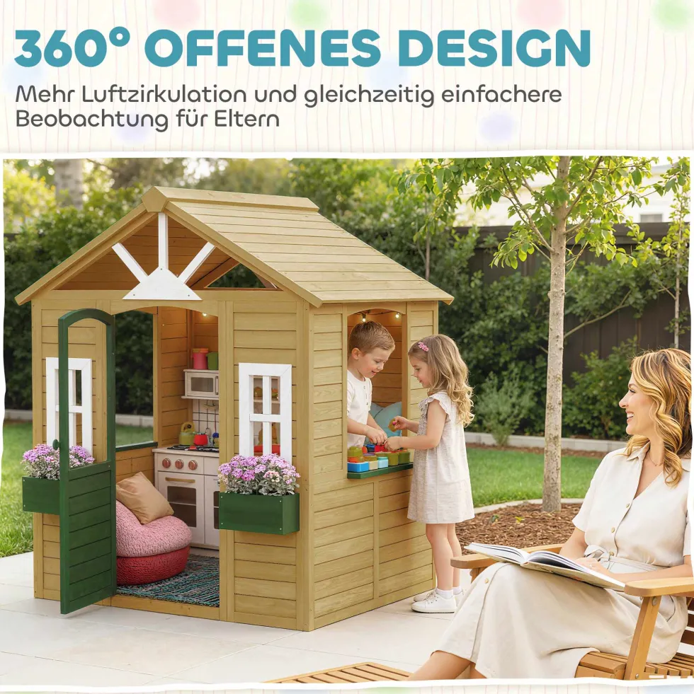 Trälekstuga för barn, utomhuslekstuga med dörr, 3 fönster, 2 blomlådor, för barn i åldrarna 3-8 år, 134,5 x 97 x 150 cm, brun