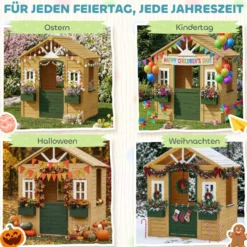 Trälekstuga för barn, utomhuslekstuga med dörr, 3 fönster, 2 blomlådor, för barn i åldrarna 3-8 år, 134,5 x 97 x 150 cm, brun