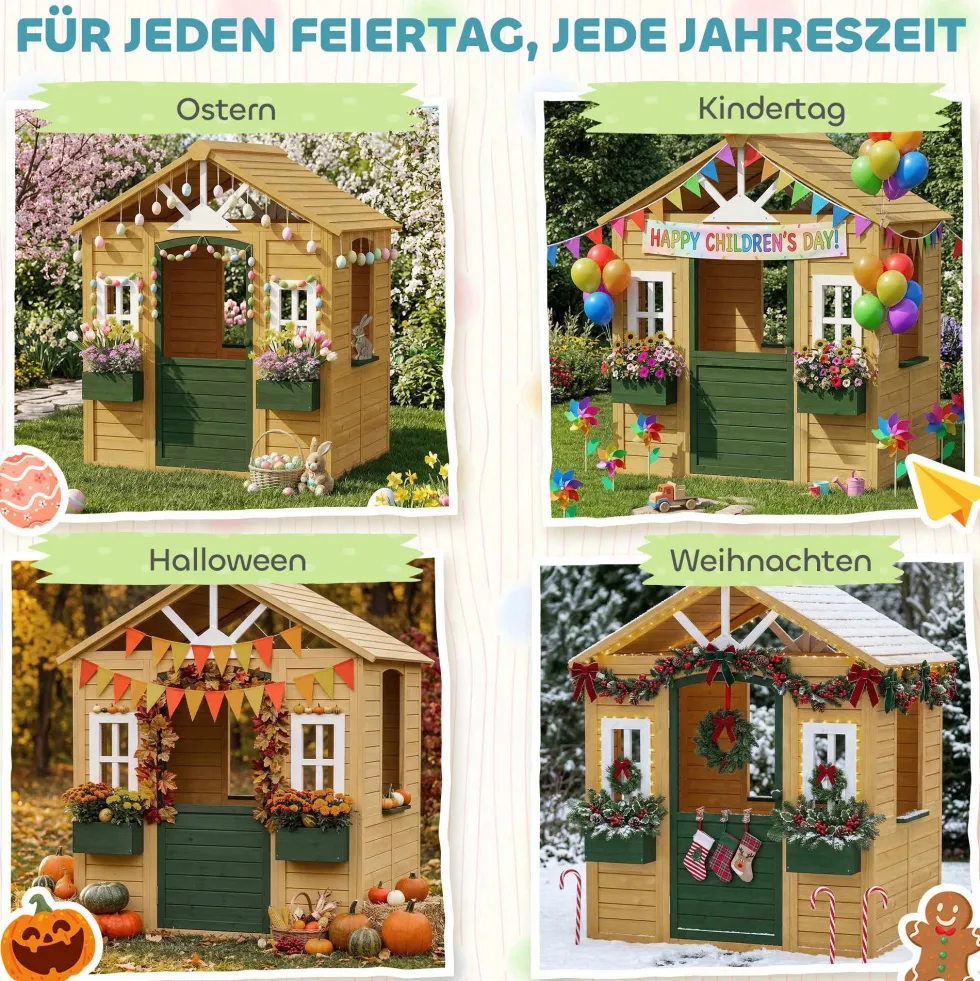 Trälekstuga för barn, utomhuslekstuga med dörr, 3 fönster, 2 blomlådor, för barn i åldrarna 3-8 år, 134,5 x 97 x 150 cm, brun