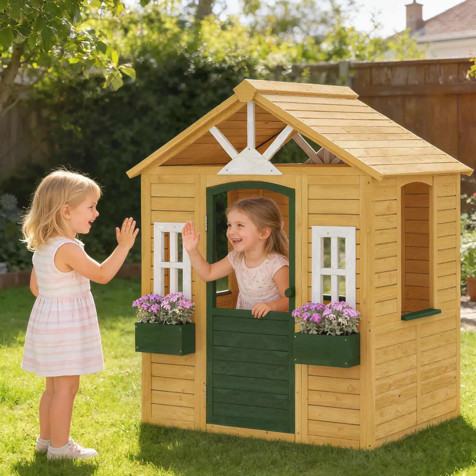 Trälekstuga för barn, utomhuslekstuga med dörr, 3 fönster, 2 blomlådor, för barn i åldrarna 3-8 år, 134,5 x 97 x 150 cm, brun