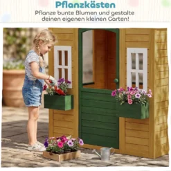 Trälekstuga för barn, utomhuslekstuga med dörr, 3 fönster, 2 blomlådor, för barn i åldrarna 3-8 år, 134,5 x 97 x 150 cm, brun