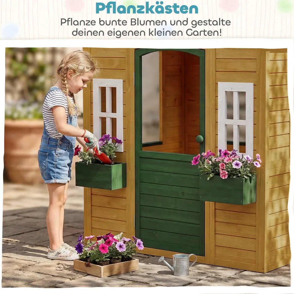 Trälekstuga för barn, utomhuslekstuga med dörr, 3 fönster, 2 blomlådor, för barn i åldrarna 3-8 år, 134,5 x 97 x 150 cm, brun