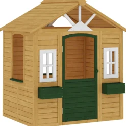 Trälekstuga för barn, utomhuslekstuga med dörr, 3 fönster, 2 blomlådor, för barn i åldrarna 3-8 år, 134,5 x 97 x 150 cm, brun