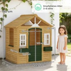 Trälekstuga för barn, utomhuslekstuga med dörr, 3 fönster, 2 blomlådor, för barn i åldrarna 3-8 år, 134,5 x 97 x 150 cm, brun