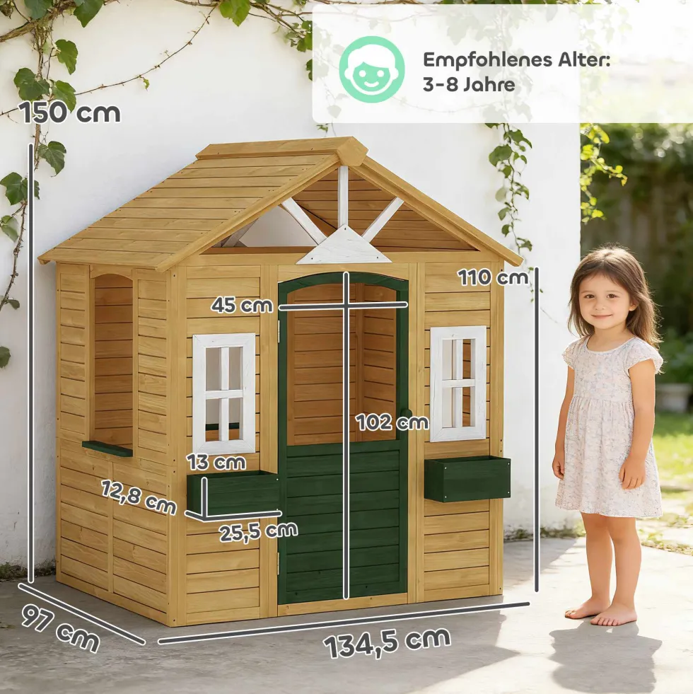 Trälekstuga för barn, utomhuslekstuga med dörr, 3 fönster, 2 blomlådor, för barn i åldrarna 3-8 år, 134,5 x 97 x 150 cm, brun