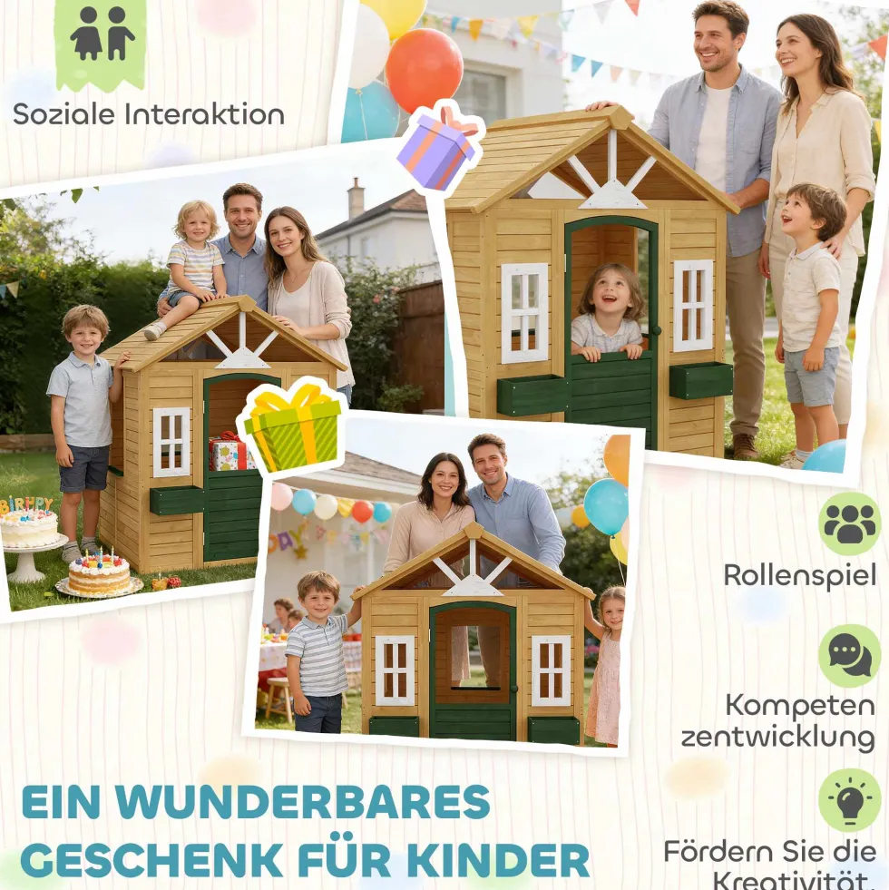 Trälekstuga för barn, utomhuslekstuga med dörr, 3 fönster, 2 blomlådor, för barn i åldrarna 3-8 år, 134,5 x 97 x 150 cm, brun