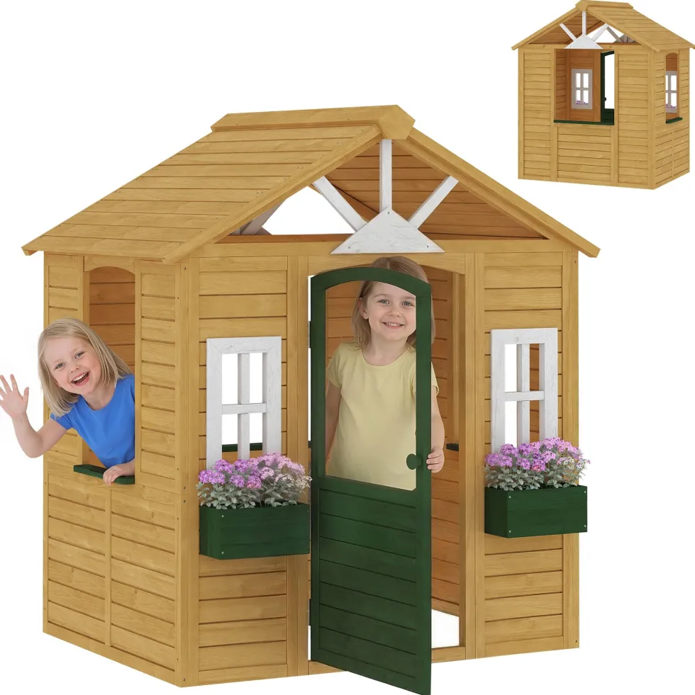 Trälekstuga för barn, utomhuslekstuga med dörr, 3 fönster, 2 blomlådor, för barn i åldrarna 3-8 år, 134,5 x 97 x 150 cm, brun