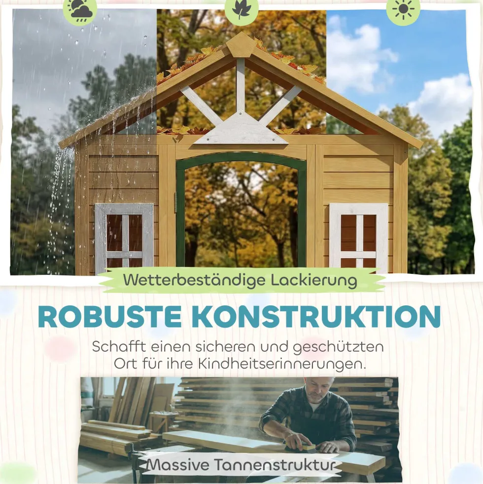 Trälekstuga för barn, utomhuslekstuga med dörr, 3 fönster, 2 blomlådor, för barn i åldrarna 3-8 år, 134,5 x 97 x 150 cm, brun