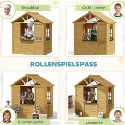 Trälekstuga för barn, utomhuslekstuga med dörr, 3 fönster, 2 blomlådor, för barn i åldrarna 3-8 år, 134,5 x 97 x 150 cm, brun