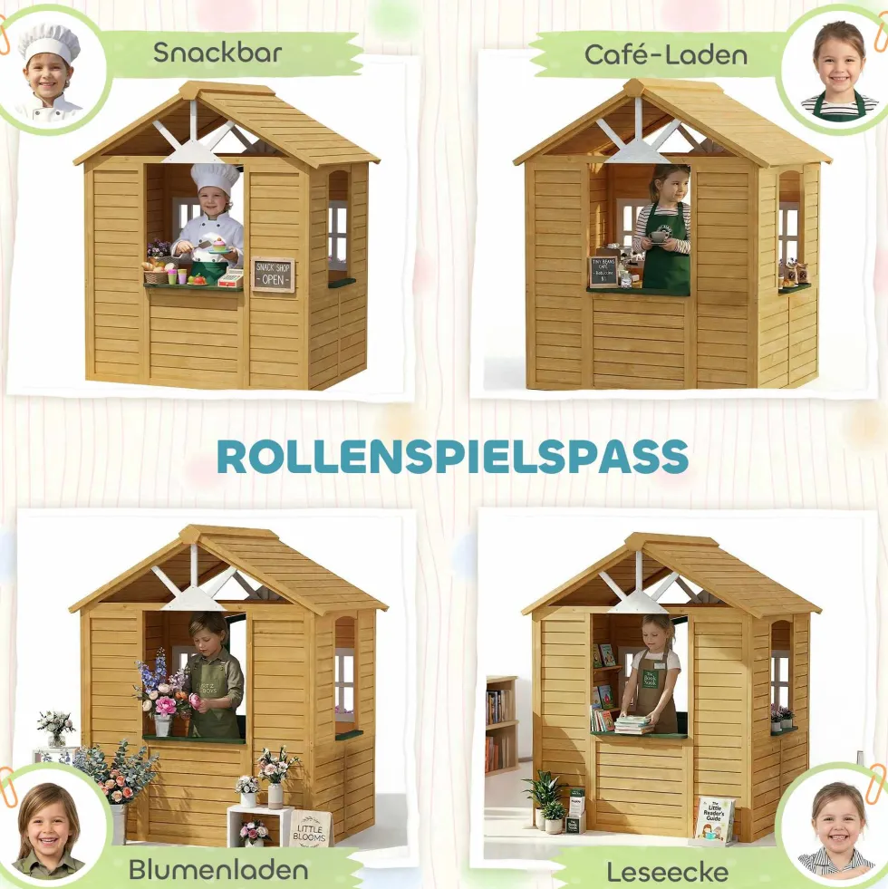 Trälekstuga för barn, utomhuslekstuga med dörr, 3 fönster, 2 blomlådor, för barn i åldrarna 3-8 år, 134,5 x 97 x 150 cm, brun