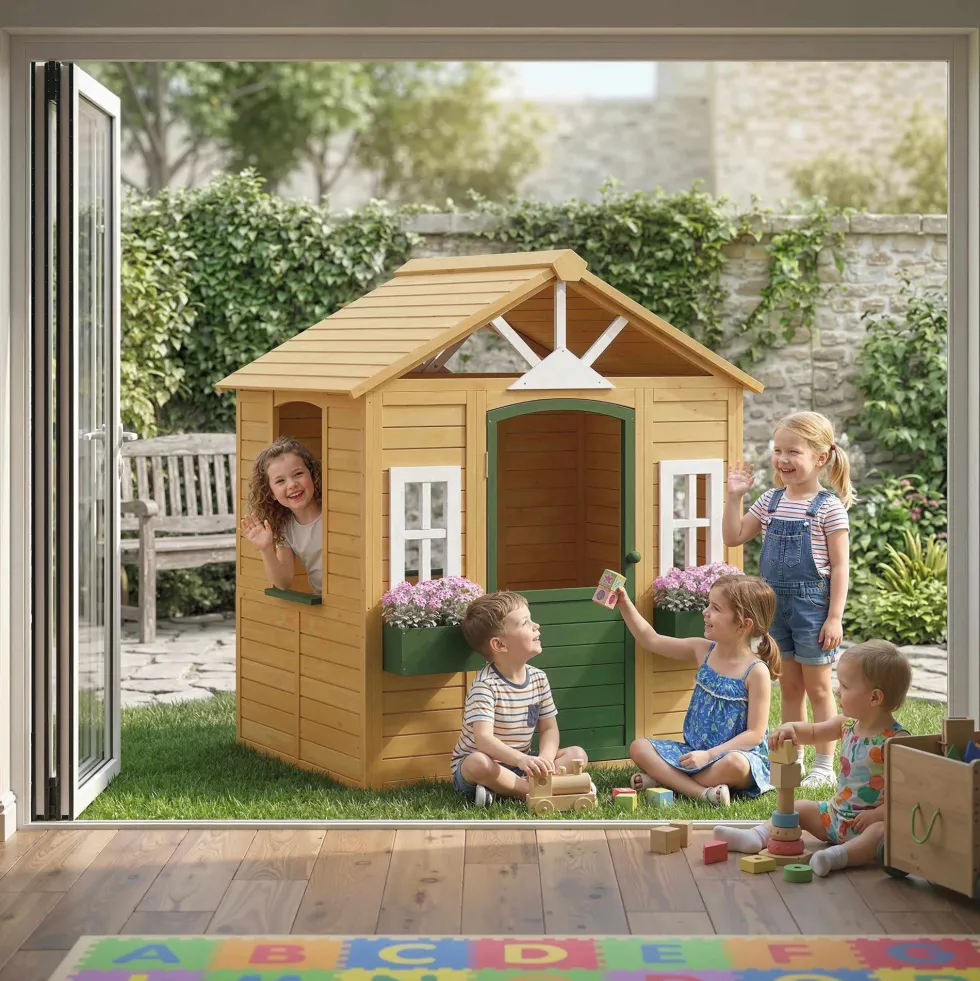 Trälekstuga för barn, utomhuslekstuga med dörr, 3 fönster, 2 blomlådor, för barn i åldrarna 3-8 år, 134,5 x 97 x 150 cm, brun