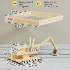 Träsandlåda för barn med grävmaskin, Barnsandlåda med 360° roterande sits och foder, 184x90x56 cm, Naturfärgad