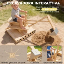 Träsandlåda för barn med grävmaskin, Barnsandlåda med 360° roterande sits och foder, 184x90x56 cm, Naturfärgad