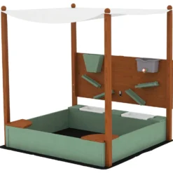 Träsandlåda för barn med tak, Barnsandlåda med 2 sittplatser, 2 förvaringslådor, Kran, Tratt, 116x112,5x128 cm, Grön