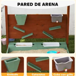 Träsandlåda för barn med tak, Barnsandlåda med 2 sittplatser, 2 förvaringslådor, Kran, Tratt, 116x112,5x128 cm, Grön